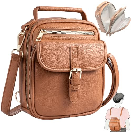 Vegan Leather Crossbody Bag for Women with 2 Straps, Small Messenger Bag with Anti Theft Zipper Pocket Vintage Shoulder Bag