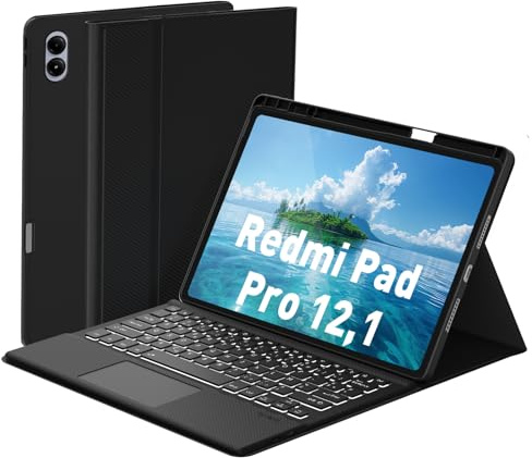 Doohoeek Étui Clavier pour Redmi Pad Pro 12,1 Pouces/Xiaomi Poco Pad 12,1 2024, Bluetooth Clavier Détachable sans Fil avec Housse de Protection, Rétroéclairage 7 Couleurs, AZERTY, Noir