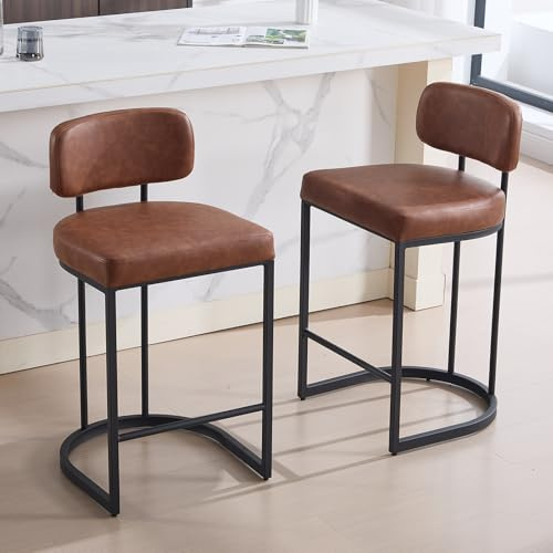 DAYALANE Barhocker 2er Set, Bar Stools industriell, Braun | Barstuhl mit Lehne & Fußstütze, Tresenhocker aus Kunstleder, Bistrohocker für Küche Bistro Café