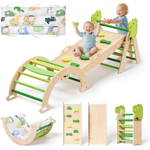 CUPCHID Montessori Indoor Playset,9-in-1 Indoor Climbing Frame for Toddlers, Foldable Baby Climbing Toys Wood Triangle Set with Climbing Arch, Balance Cushion, Outdoor Climbing Frames