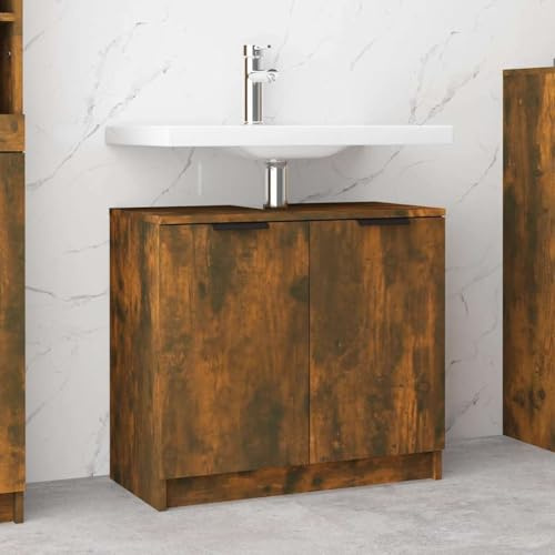 Mandloder Badschrank Räuchereiche 64,5x33,5x59 cm, Holzwerkstoff, Badezimmer Schrank mit Türen, Stauraum für Badutensilien, Feuchtigkeitsbeständig