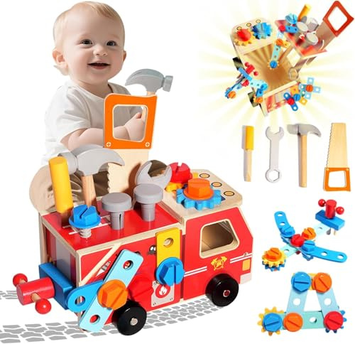 Muslecid Holz Werkzeugkoffer Kinder, 33 Stück Werkbank Montessori Werkzeug Holzspielzeug Spielzeug ab 2 3 4Jahre Mädchen Junge, Kinderwerkzeug Werkzeugwagen, Werkzeuggürtel Koffer Lernspiele Geschenk