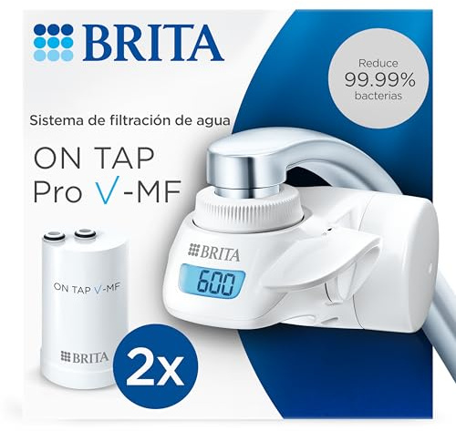 BRITA ON TAP Pro sistema filtro agua grifo de cocina, 3x filtro V-MF (600L) | Montaje sencillo, con pantalla digital de capacidad, reduce 99,999% de bacterias, PFAS, cloro, micropartículas, metales y más