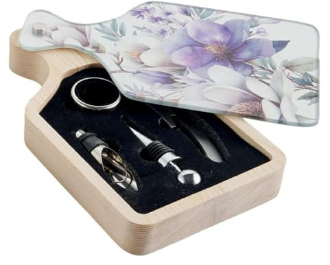 Generico Set Vino Forma di Tagliere Design Fiori Lilla 20x14x3 cm BOMBONIERA