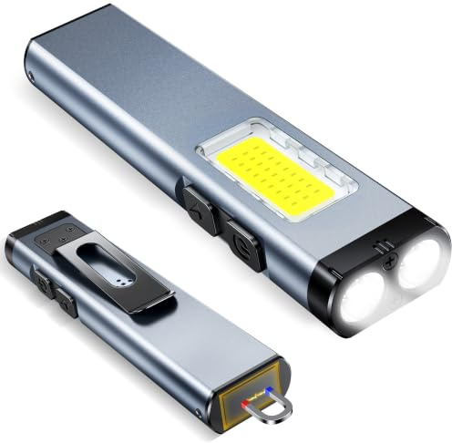 ISEYOU Torcia LED Ricaricabile 800 Lumen, Mini Torcia Tascabile Portatile con Allarme Acustico, Clip & Base Magnetica, 7 modalità edc Flashlight a Doppia Sorgente Luminosa per Esterni/Casa/Emergenze