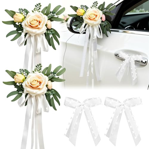 4 Stück Autoschmuck Hochzeit Autoschleifen Künstliche Blume mit Saugnäpfen für Auto Rückspiegel Hochzeitsauto (Champagner)