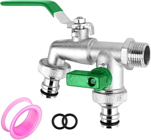 Doppio rubinetto da giardino in ottone da 1/2 pollici, resistente alla ruggine e al gelo + 2 connettori per tubo flessibile in ottone, rubinetto esterno per giardino, lavatrice, barile di pioggia
