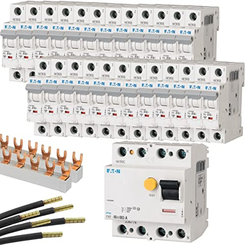 EATON-Set 2, 24x LS-Schalter B16A, 1x FI-Schalter 40/0,03A, 2x Phasenschiene, 6x Verdrahtungsbrücke