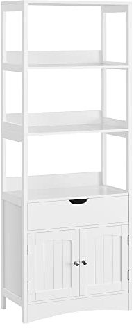 VASAGLE Bathroom Storage Cabinet, Tall Cabinet, Freestanding Bookshelf, with 3 Open Shelves, 1 Large Drawer and 1 Cupboard, 32.5 x 60 x 154 cm, for Living Room, Kitchen, Study, White BBC67WT
