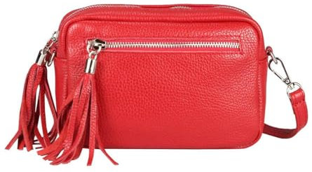 OBC Made in Italy Damen Leder Tasche Umhängetasche Schultertasche Beuteltasche Cross-Over Cross Bag Glattleder Schmucktasche Fransen Ledertasche (Rot)