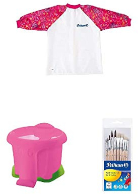 Pelikan 105353 - Malschürze Girl für Circa 6-9 Jahren mit Klettverschluss, rot + Wasserbox Elefant pink, Wasserbecher + Pinsel Starter-Set mit 5 Haar- und 5 Borstenpinseln