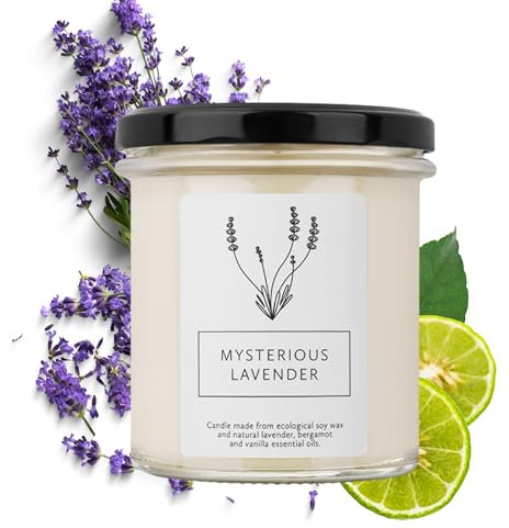 Hagi Mysterious Lavender Sojakerze, Lavendel Kerze im Glas, Blumenduft, Lavendelöl, Brenndauer ca. 75 h, Bergamotteöl, Vegan, Sojawachs, Natürlich