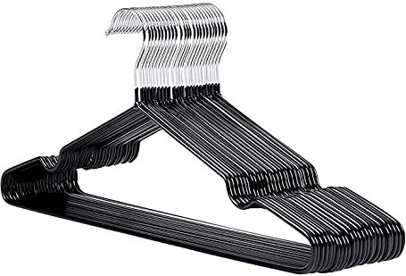 25x Premium Rubber Coated Metal Hangers - Heavy Duty - Space Saving Organiser Clothes Hangers for Wardrobes Coat Rack Rails Thin and Non-Slip Chrome (BLACK)
