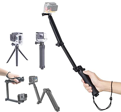 Foldable Selfie Stick with Tripod for Gopro, 3-Section Detachable Adjustable Folding Selfie Stick, All in One Mini Tripod Extension Rod Monopod Suitable for Gopro8/7/9, for Xiaoyi Sports Camera