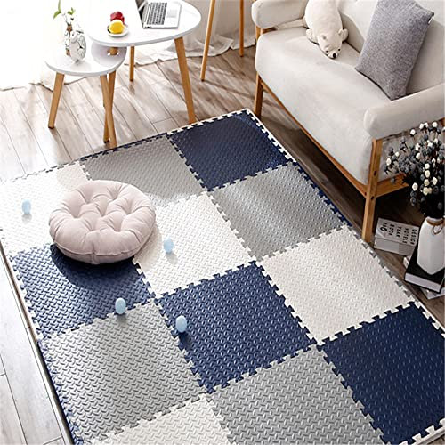 LWPCP Puzzlematte mit Rand, Baby Krabbelmatte, 60 x 60cm Eva Schaumstoff Baby Puzzlematte für Kinderzimmer Wohnzimmer Fitnessraum Schwimmbad,White+Dark Blue+Gray,10