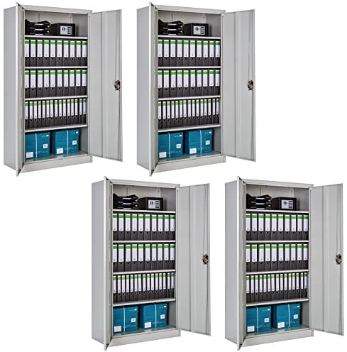 tectake 801021 Set om 4 arkivskåp, låsbart kontorsskåp i metall med 5 fack, individuellt höjdjusterbara hyllor, 180 x 90 x 40 cm, enkel montering (grå | nr 404476)