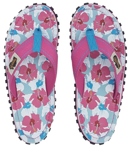 Gumbies Originals Damen - Flip Flops aus recycelten Materialien - profilierte Sohle aus wiederverwerteten Autoreifen, weiches Fußbett aus Canvas-Baumwolle, bequemer Zehensteg - Mixed Hibiscus, 43