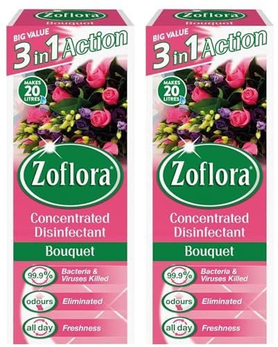 Zoflora Concentrated Multipurpose Disinfectant & Odor Eliminator, 3 in 1 Action, Twin Pack, 2 x 500 ml, Bouquet Scent