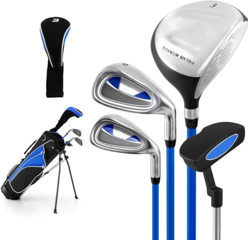 Maxmass Junior Golf Club Set, Kids Complete Golf Set with 3# Fairway Wood, 7# & 9# Irons, Putter, Head Cover and Stand Bag, Children Beginners Practice Pole