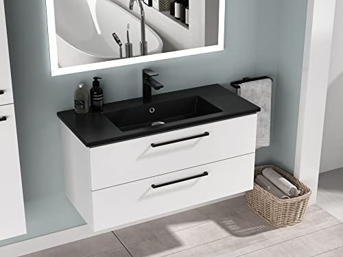 Aqua Bango | Badezimmer Waschbecken in Schwarz Matt mit Unterschrank, Badschrank Weiß Hochglanz, Waschtisch | 100 cm