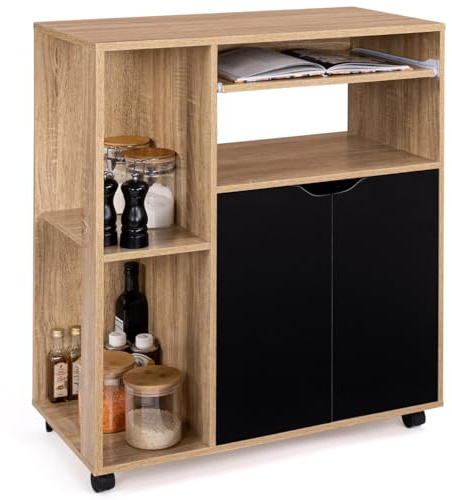 IDMarket - Küchenwagen COSI Holz in Buchenoptik und schwarze Türen B.76 CM | Mit Türen, Regalen und Nischen, Länge 76 cm