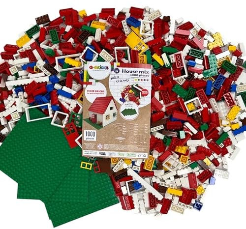Q-Bricks Kreativ-Bauset mit klassischen Bausteinen | 1000-teiliges Set | 19 Formen umfassen Türen, Fenster, Dachsteine und Grundplatten | 8 Farben | Hausmischung in Basis Farben