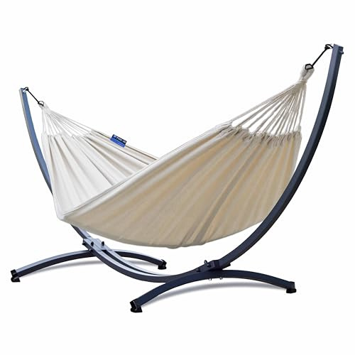 Potenza Amaca da Giardino con Supporto in Acciaio Sabbiato e Verniciato | Amaca Doppia per 2 Persone | 220x160 cm | Portata 220 kg | Testata fino a 350 kg | Prodotto in UE | Écru