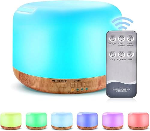 Aoreun humidificador ultrasónico aromaterapia 300ml, 7 Colores LED Luces Control Remoto Difusor de Aceite Esencial, Humidificador con función de Temporizador para Dormitorio, Yoga, Oficina, SPA