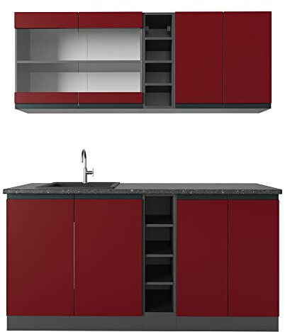 Vicco Cocina para Solteros R-Line, Rojo/Antracita, 160 cm Forma de J, con encimera y Fregadero, premontado Listo para conectar
