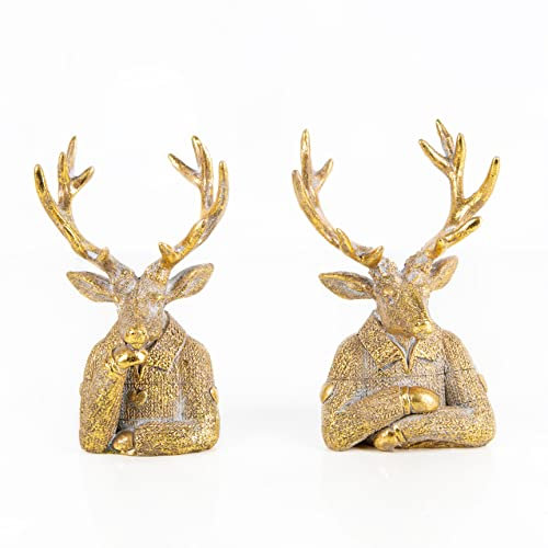 Logbuch-Verlag Coppia di cervi decorativi dorati, set 2 pezzi: decorazioni Natale casa, figure natalizie eleganti in resina, addobbi invernali moderni per tavolo o mensola 16 cm