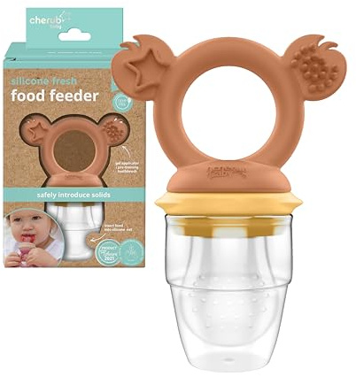 Cherub Baby Pure LFGB Silicone Baby Food Feeder/Fruit Feeder & Teether, Teething Dummy, Silicone Teats, Gentle on Little Mouths, Self-Feeding, Non-Toxic BPA Free (Mimosa/Caramel)