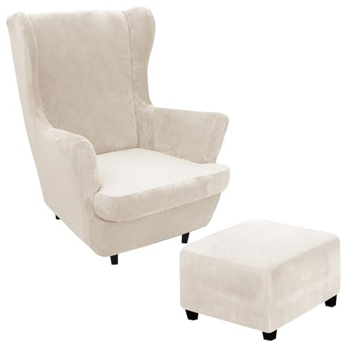 Thdsubb Ohrensessel Überzug Samt Husse Für Fußhocker Sesselbezug Sessel-Überwürfe Tiger Stuhlbezug Ottomane Schonbezug Hockerüberzug (Beige,Wing Chair+Square L)