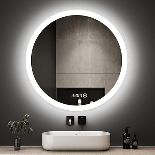Boromal Badspiegel Rund 60x60cm Badspiegel mit Beleuchtung und Uhr LED Spiegel mit Uhr 3000K-6500K 1810LM Runder Badezimmerspiegel mit Beleuchtung Wandspiegel Rund mit 3 Lichtfarbe Dimmbar + Uhr