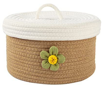 Garneck Small Woven Storage Basket Lid Cotton Thread Organizing Basket Sundries Container for Home Desktop Storage