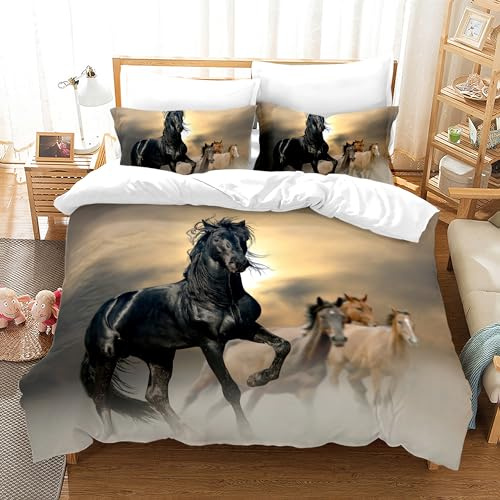 KAIDAARTLH Horse Set de Linge de lit 135x200cm, Housse de Couette en Microfibre avec Fermeture éclair avec Impression Cheval, avec 1 Housse de Couette et 2 taies d'oreiller (Horse-2, Singolo-135x200)
