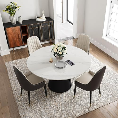 POVISON Runder Esstisch weiß hochglanz 120 cm für 4 Personen,für Küche und Esszimmer,runder esstisch aus Sinterstein,Sockel aus schwarzem Karbonstahl,einfache Installation,120*120*75 cm(ohne Stühle)