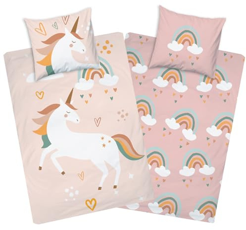 Aminata kids bäddset barn sängkläder 135 x 200 flickor enhörning motiv av bomull med dragkedja barn sängkläder set ungdomar tonåring enhörning sängkläder rosa regnbåge