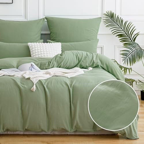 ATsense Parure de lit en mousseline double couche 135 x 200 cm 4 pièces, aspect lin plat, ensembles de literie avec 2 taies d'oreiller 80x80cm, housse de couette verte OEKO-TEX avec fermeture éclair
