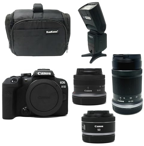 KamKorda Camera Bag + Flash + R10 Mirrorless Camera + RF-S 18-45mm + RF-S 55-210mm + RF 50mm STM lenses, 24.2MP APS-C CMOS Sensor, 4K Video + 2 Year Warranty