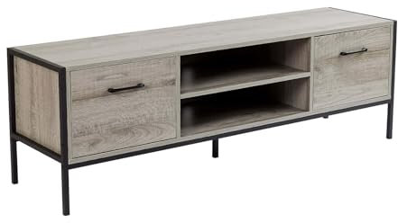 Home Source TV Unit Media Stand Cabinet, 2 Cupboards and Shelf Storage, Grey Finish