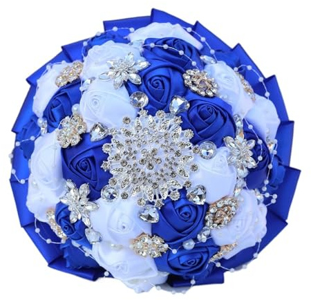 Yanonug Bohemian Wedding Bouquets Bridal Bouquets Wedding Bridal Bouquets Bridal Crystal Silk Flowers Wedding Bouquets(Royal blue white)