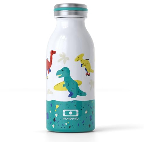 MONBENTO – Bouteille Isotherme Enfant MB Cooly bleu Dino - Gourde Enfant Inox pour Ecole, Pique-nique, Randonnées - Gourde isotherme Enfant 350 ml Boissons Chaudes/Froides - Sans BPA - Dinosaure