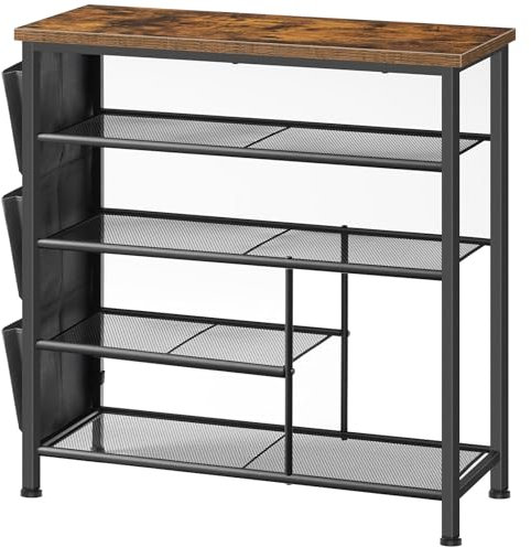 HOOBRO Schuhregal, 5 Ebenen Schuh-Organizer, Schuhablage mit Seitentaschen, Metallrahmen, Platzsparend, für Schlafzimmer, Flur, Vintagebraun und Schwarz EBF73XJ01