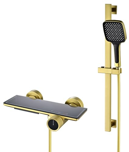 Badewannenarmatur mit Handbrause, Gold Wannenarmatur Wasserfall mit Messing Mischbatterie, Anhebbare Duschstange, Wannenbatterie Wandmontage Gibt 3 Wasserab