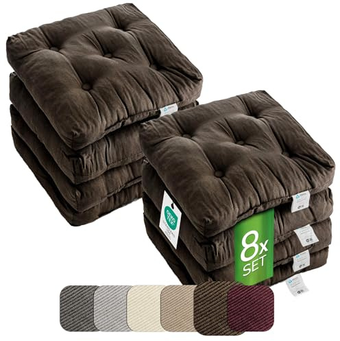 etérea Sitzkissen 42x42 cm 8er Set - Braun 8 cm hoch - Bodenkissen für Indoor, Outdoor, Küche, Garten, Auflage - Heidi Stuhlauflage - 8 Stück Stuhlkissen 40x40 cm Braun