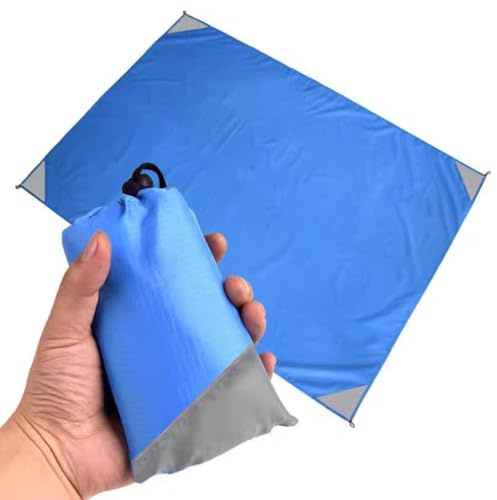 WLHFDC Picknickdecke mit 4 Befestigung Ecken,Ultraleicht Tragbare Stranddecke,Campingdecke,Picknickdecke Wasserdicht Sanddicht OutdoorDecke für Strand,Picknick,Camping und Wandern 200x210cm(Blau)