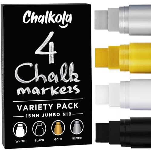Chalkola 15mm Jumbo Washable Car Window Paint Pens | (4 Pack, White, Black, Gold, Silver Chalk Pens) - Safe Erasable Liquid Chalk Pens for Blackboard Chalkboards, Glass Board, Auto, Mirror