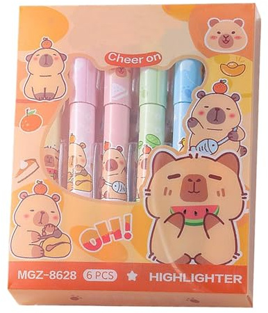 Capybara Textmarker, niedliche Pastell-Fluoreszenzmarker, Keilspitze für glattes Schreiben, schnell trocknend & kein Verschmieren, (6er-Set) Student School Office Supplies