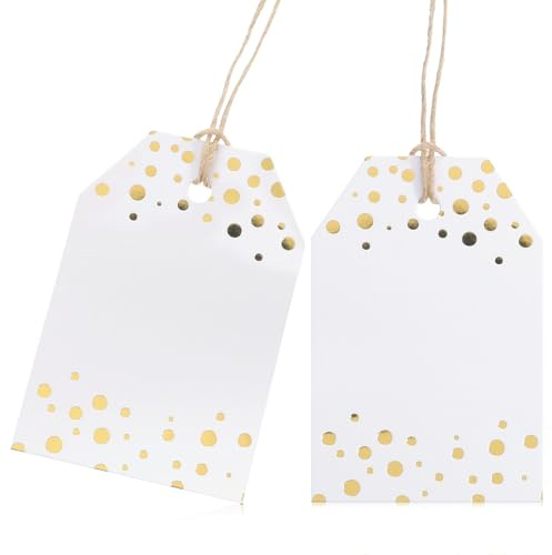 Grevosea 100 etichette regalo con cordino attaccato, cornice metallica in lamina d'oro per regali, etichette regalo di carta bianca per compleanni, matrimoni, baby shower e bomboniere
