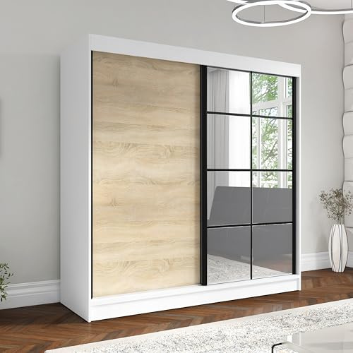 A&J MöbelLand Schwebetürenschrank TAVIRO Kleiderschrank 2-türig mit Schubladen und Spiegel, Garderobe 200 cm (Weiß/Sonoma)